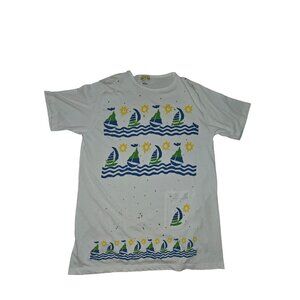 Vintage 90s C.S.T. Sport White Graphic Tee/Coverup With‎ Sailboat & Sun Print